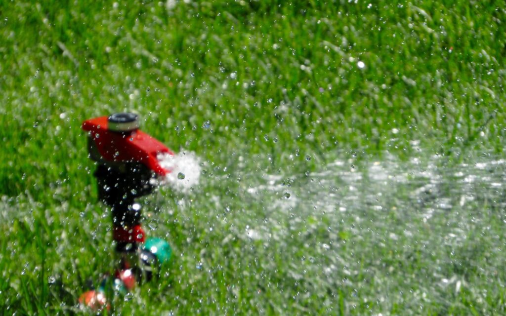 Bewateren van het gras in de zomer.